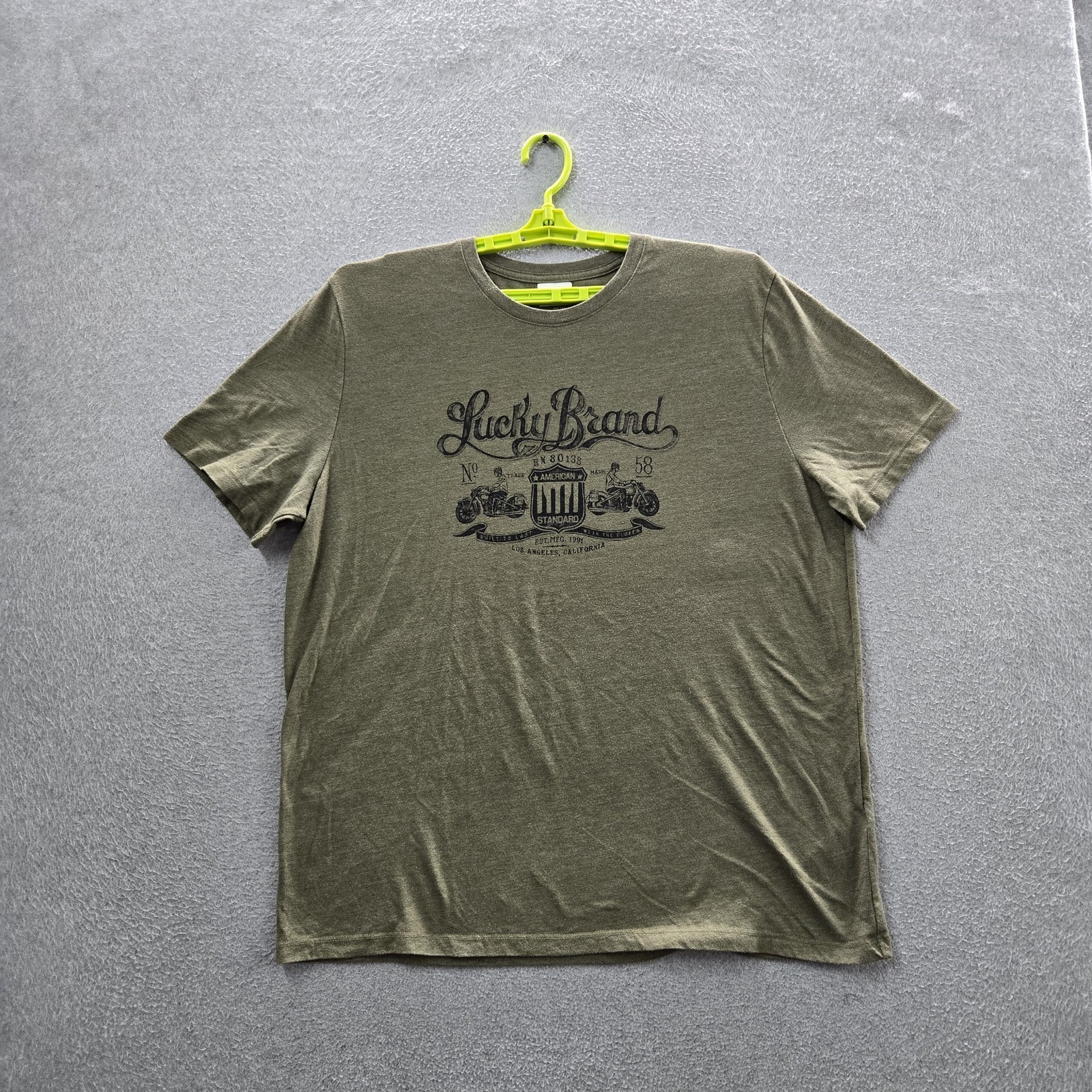 Lucky Brand Men Shirt Xl Green Graphic Motorcycle Logo Short Sleeve